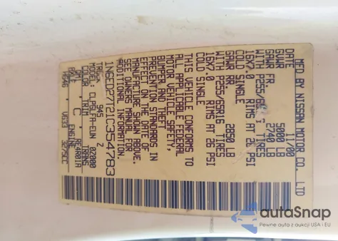 2001 Nissan Frontier Se-V6 z USA, uszkodzony, nr VIN 1N6ED27T21C354783